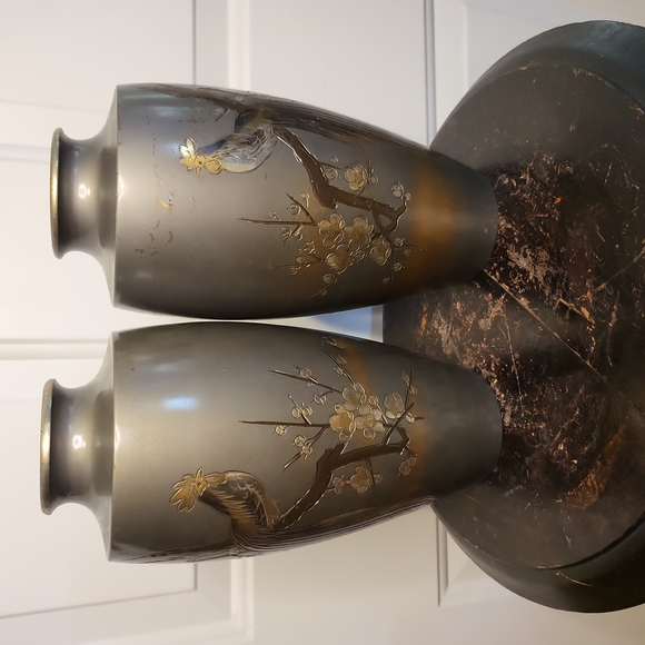 Other - Pair Japanese Meiji Bronze Mixed Metal Rooster Vases 9.5"